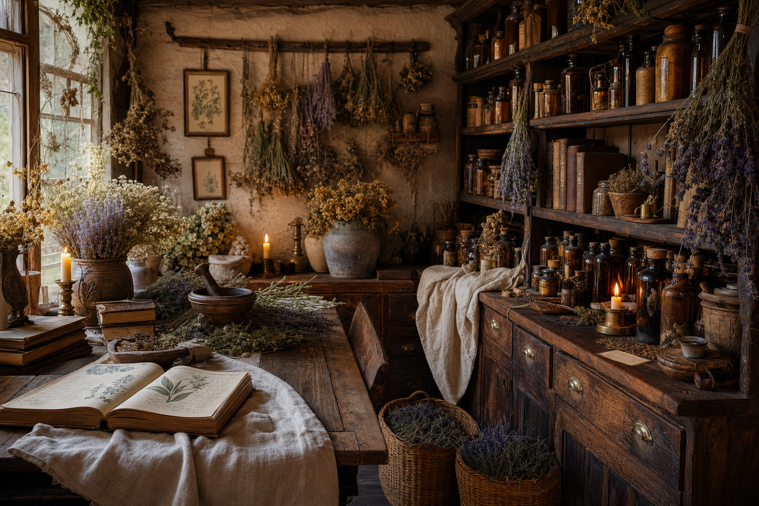 Cozy old-world herbal apothecary interior with shelves, dried herbs, amber jars, and candlelight