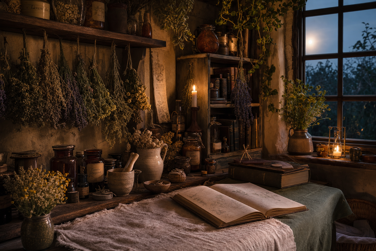 Old-world cottage apothecary with herbs, candles, amber jars, and warm glow