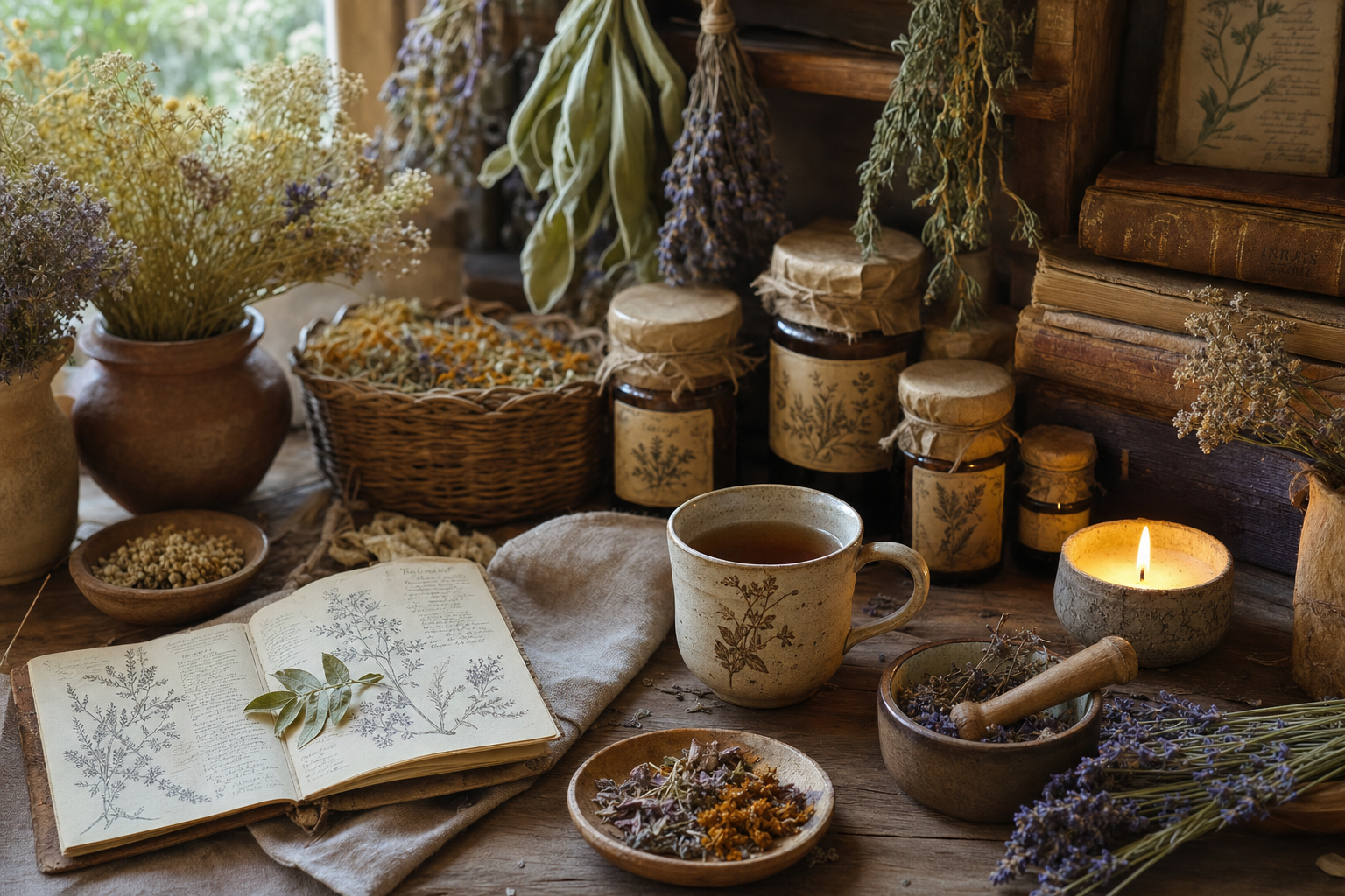 Cozy herbal apothecary still life with candlelight, tea, books, and dried herbs