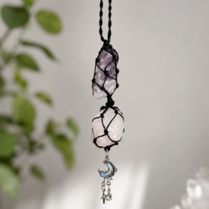 Rearview Mirror Charm with pink and lavender stones, black cord, and moon charm
