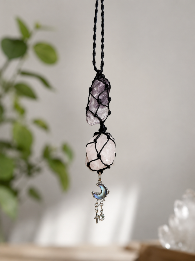 Rearview Mirror Charm with pink and lavender stones, black cord, and moon charm