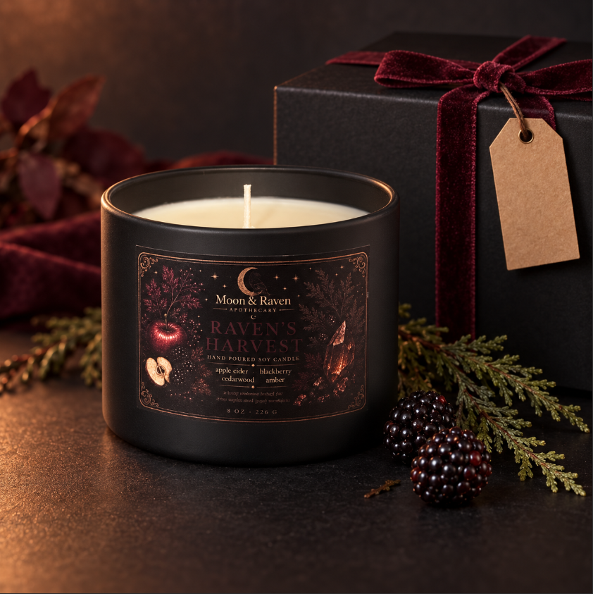 Raven's Harvest Candle with velvet-ribboned gift box